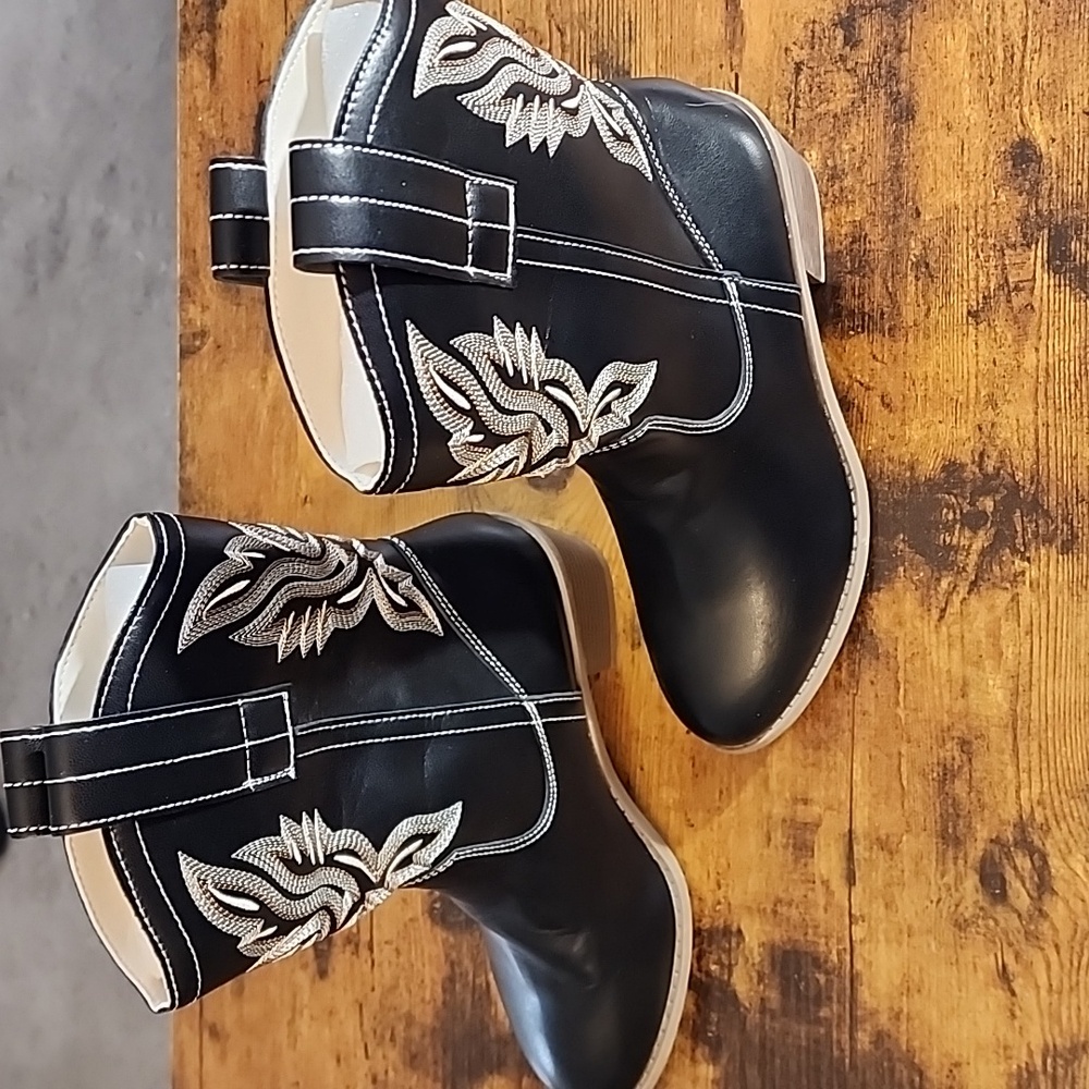 Boots Black and White Embroidered Heeled Boots